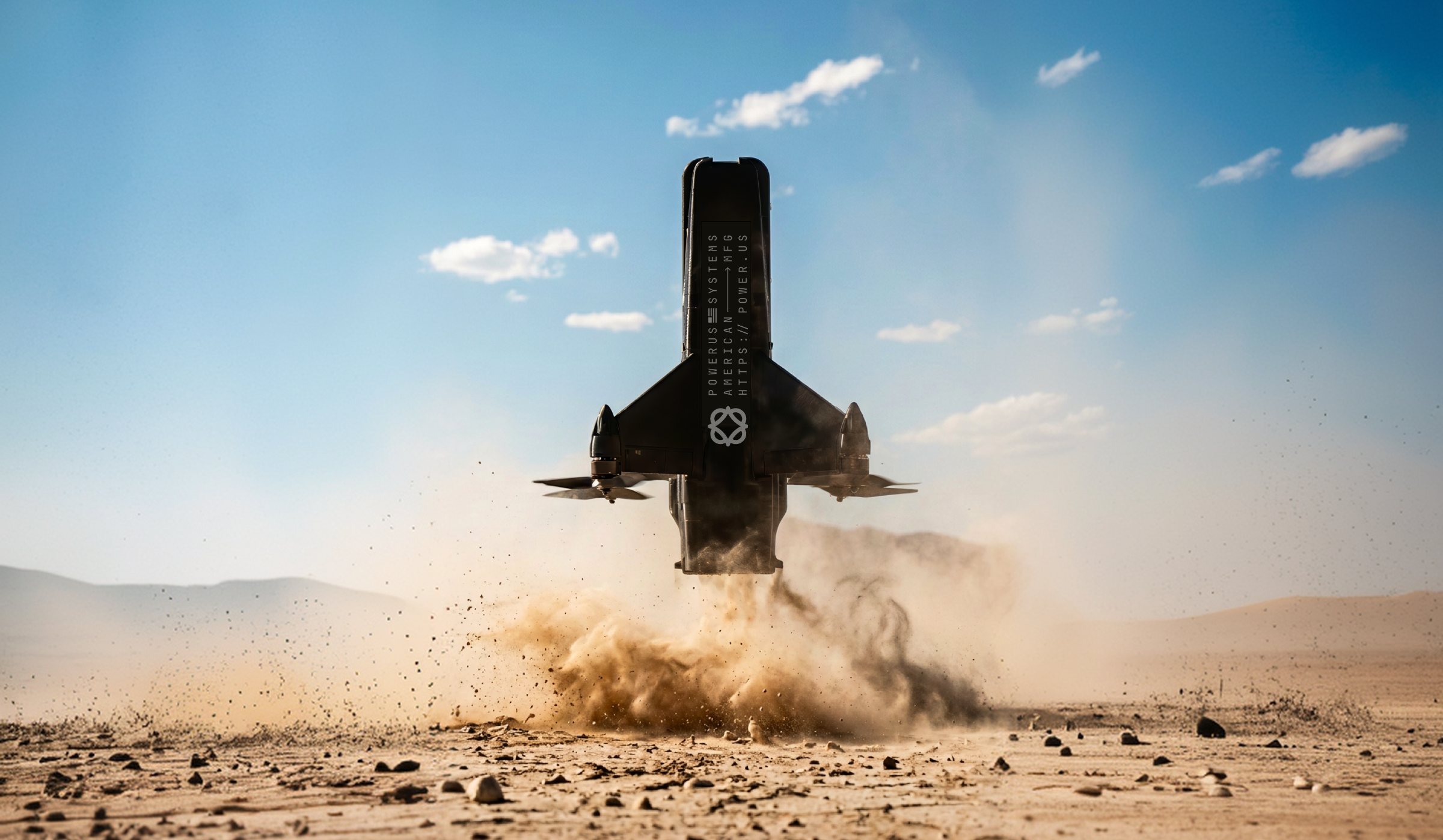 Guardian lifting off from desert hardpan, rotors throwing dust and debris