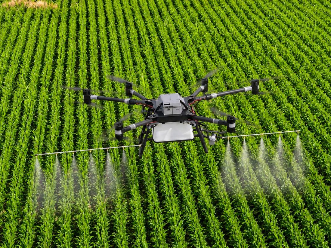 Heavy-lift agricultural drone spraying a corn field from low altitude