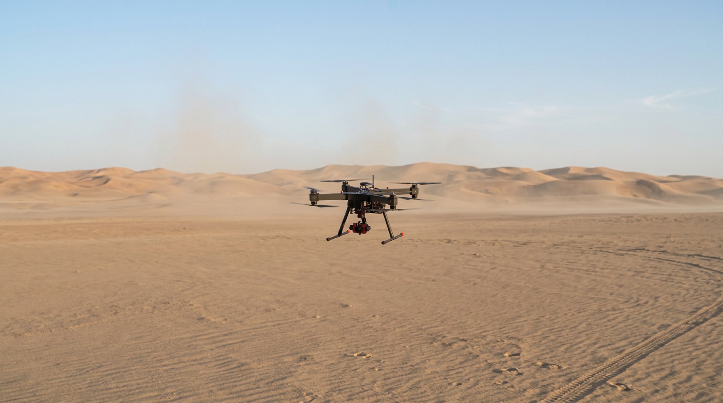 Cinema in low hover over open desert with gimbaled camera system slung beneath the airframe