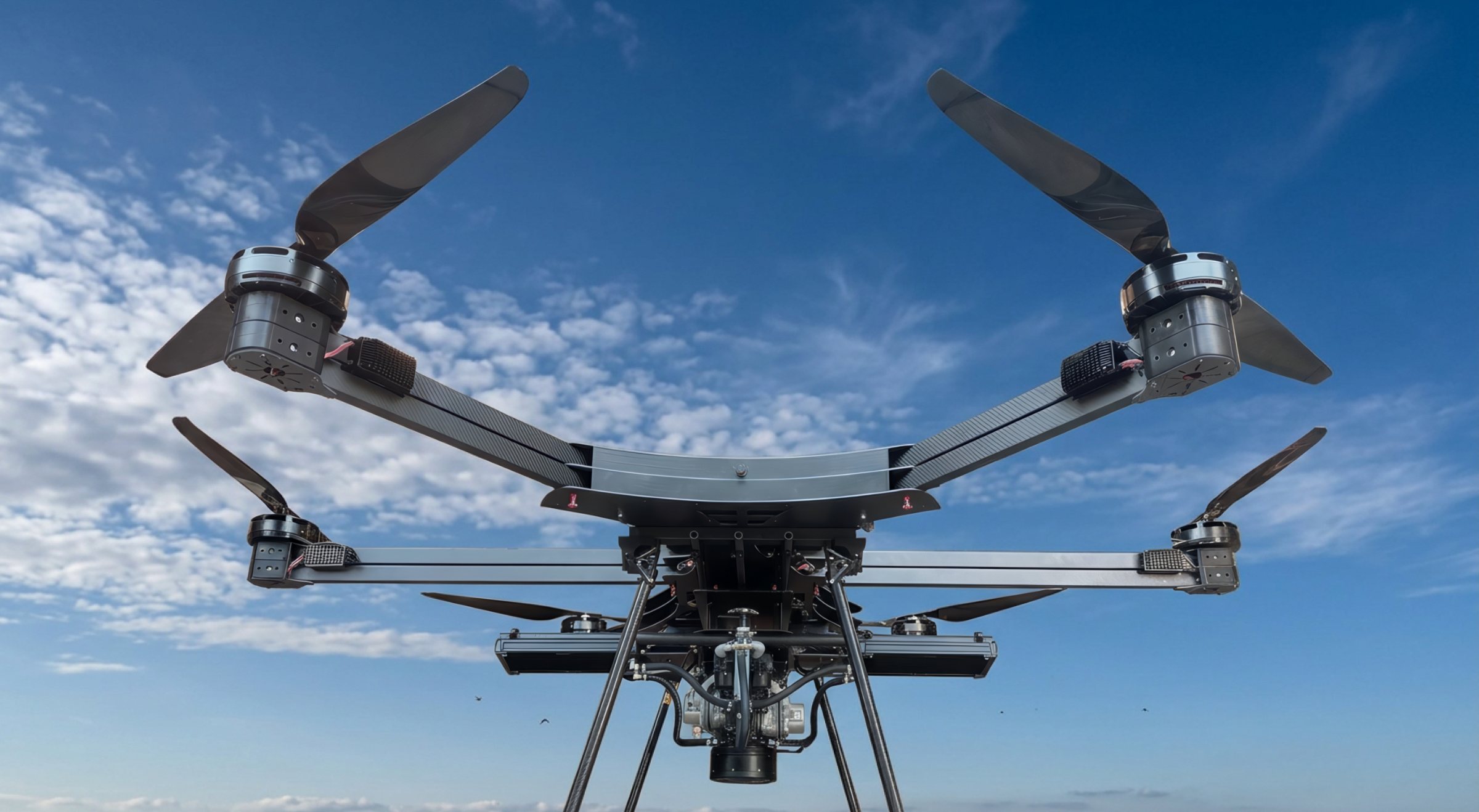Dragon H500 airborne against open sky, carbon arms extended with the heavy-lift powertrain slung below