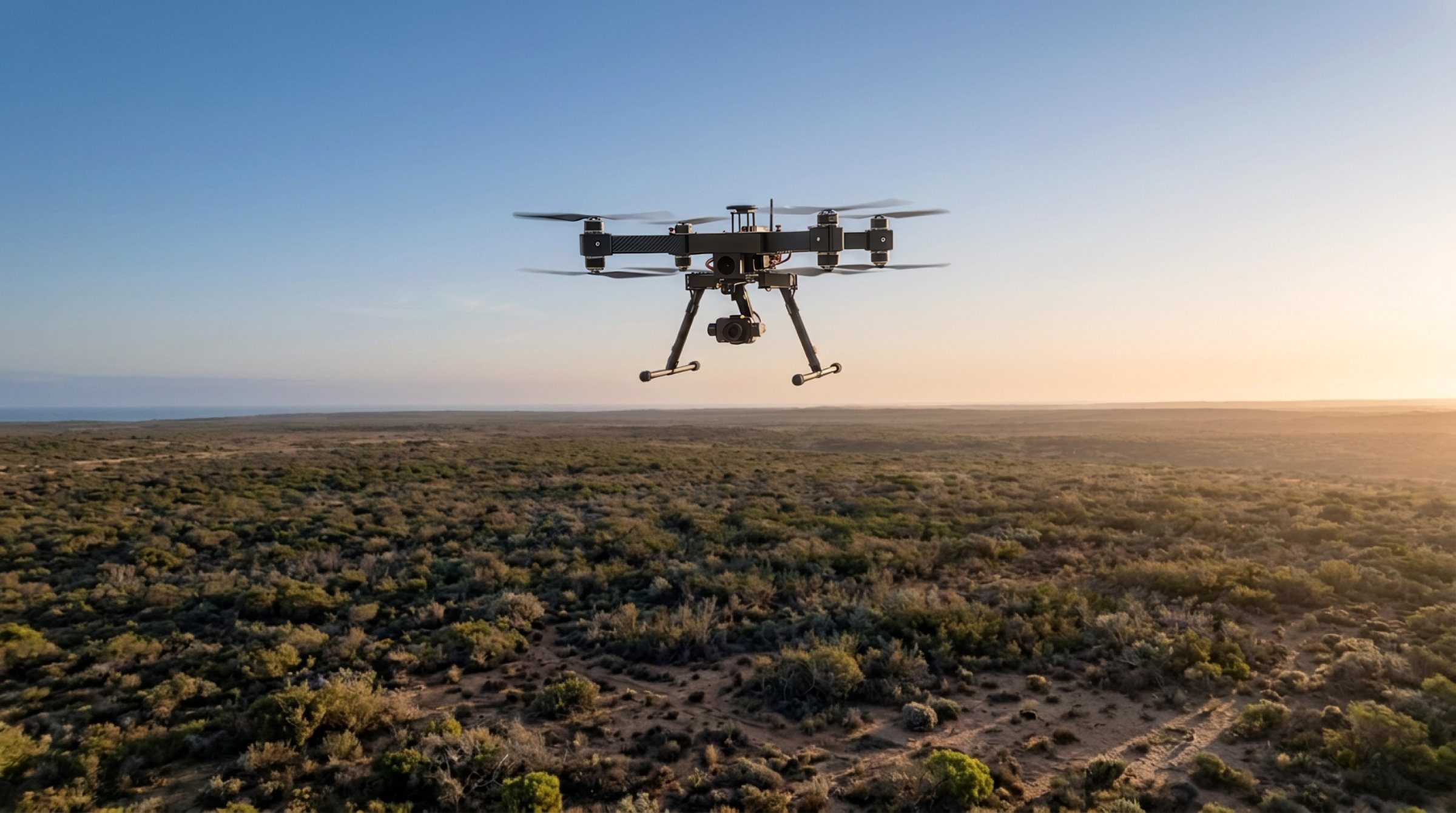 Travel on station over open scrubland at low sun, gimbaled sensor slung beneath the airframe